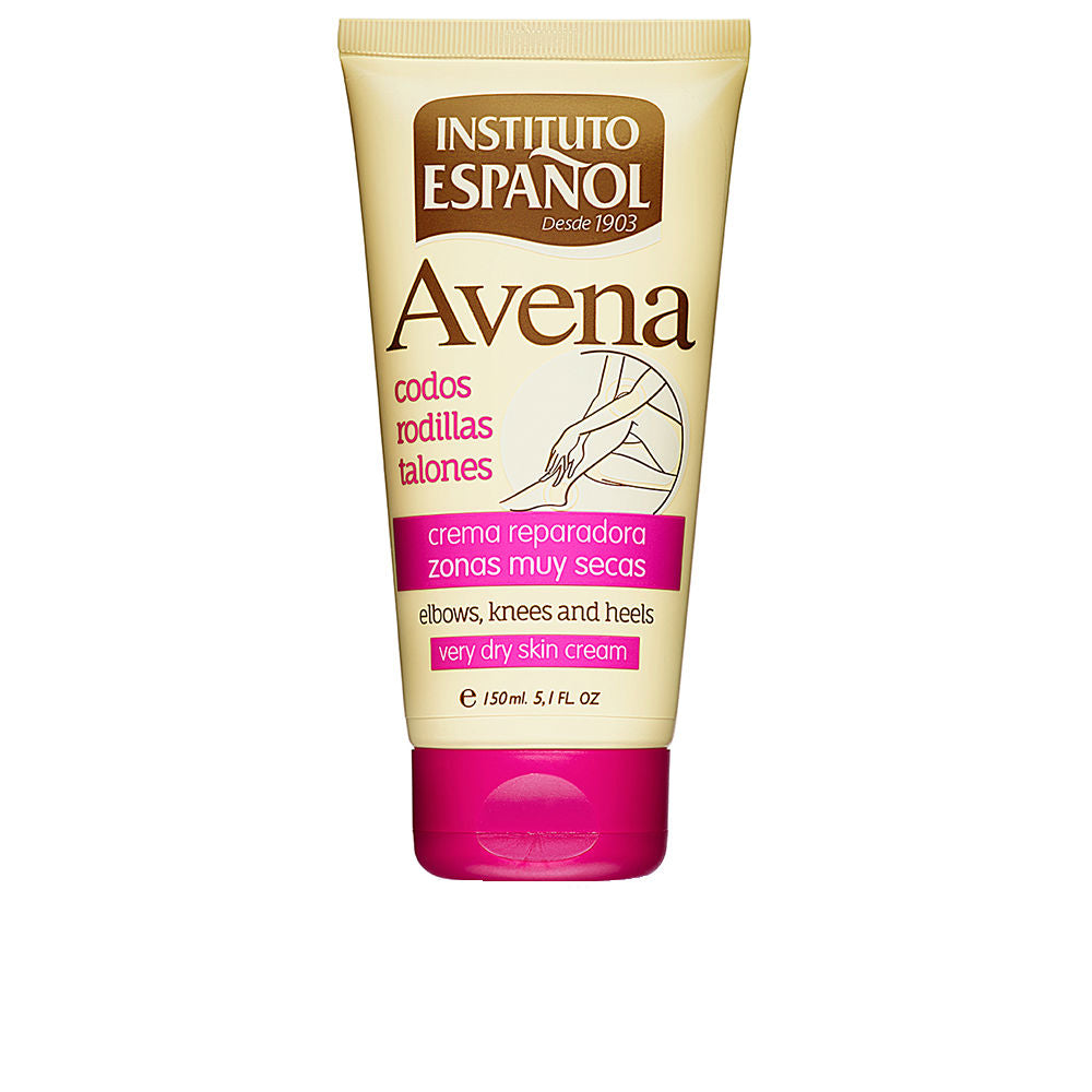Instituto Español Cream-and-pink plastic tube with flip-top cap, multilingual text, legs-and-arms illustration, Instituto Espa