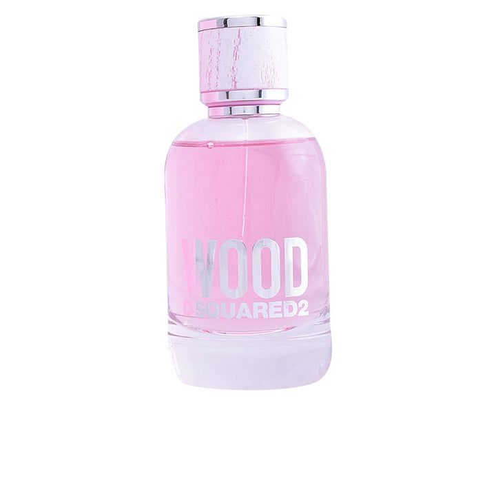 Clear glass perfume bottle, woody floral label, 100 ml presentation