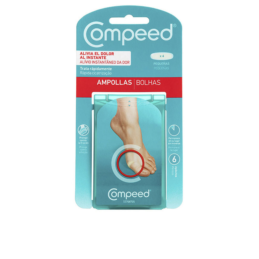 Compeed Small hydrocolloid blister dressing applied to fingertip, discreet round plaster in neutral hue