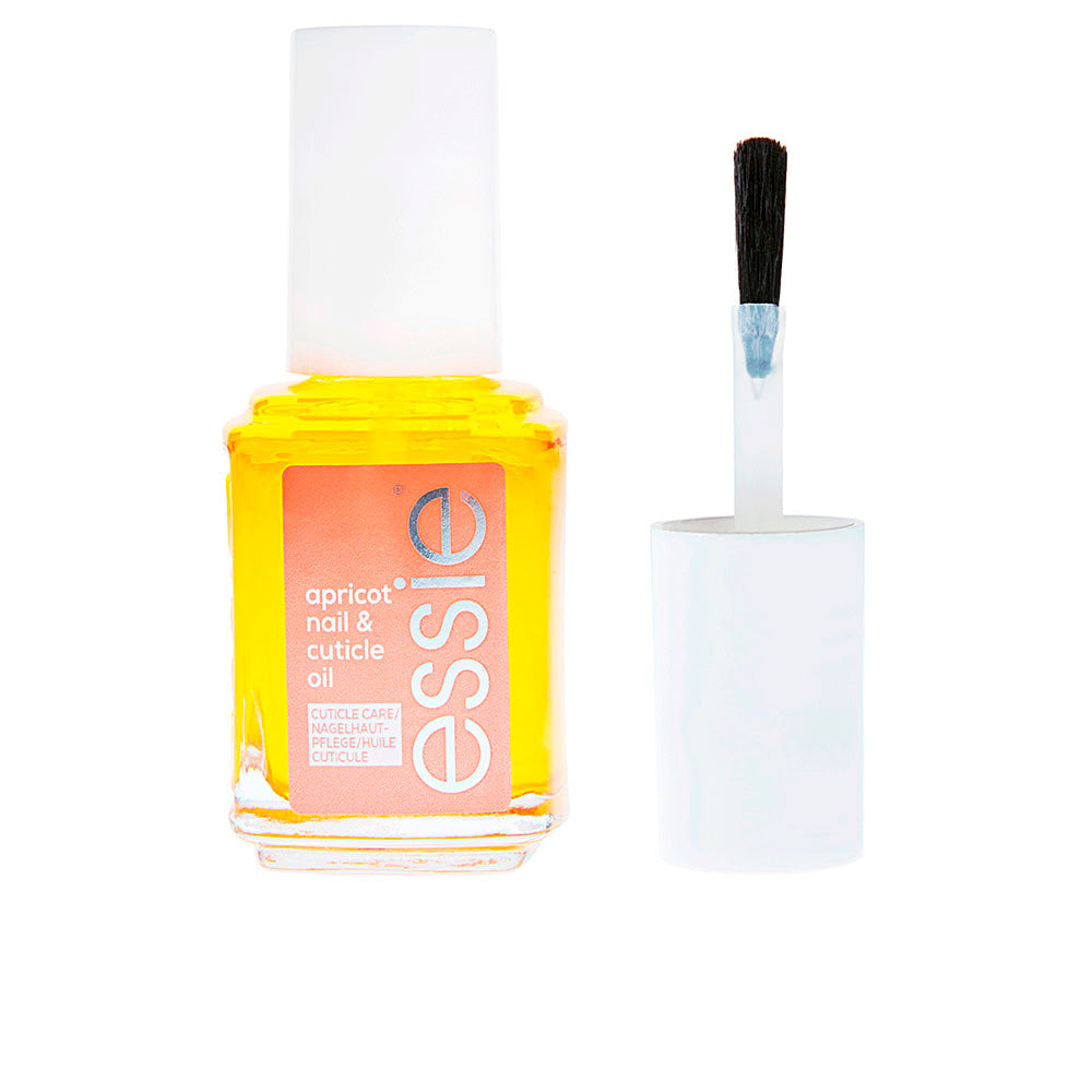 Small glass bottle of apricot-coloured nail and cuticle oil, 13.5 ml, dropper cap