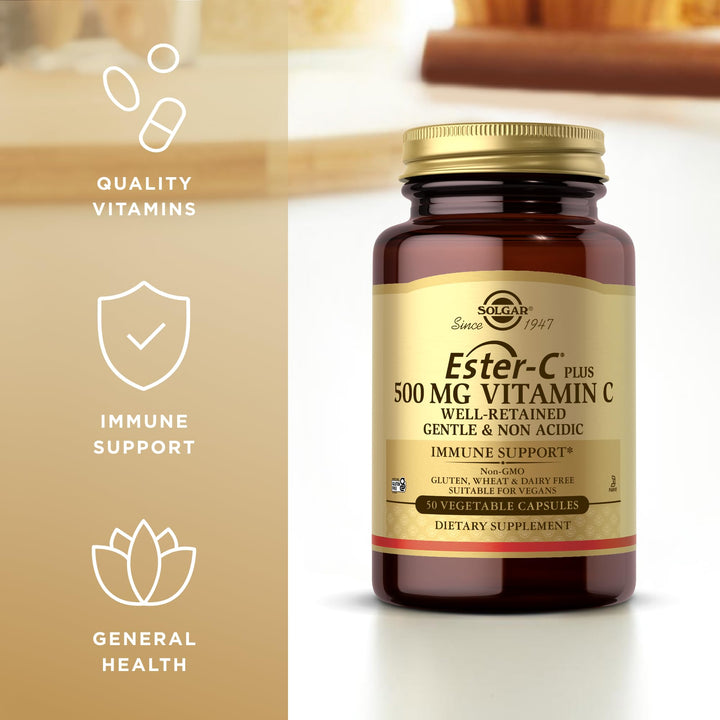 Brown supplement bottle labelled Ester‑C 500 mg, 50 tablets, Unisex vitamin C