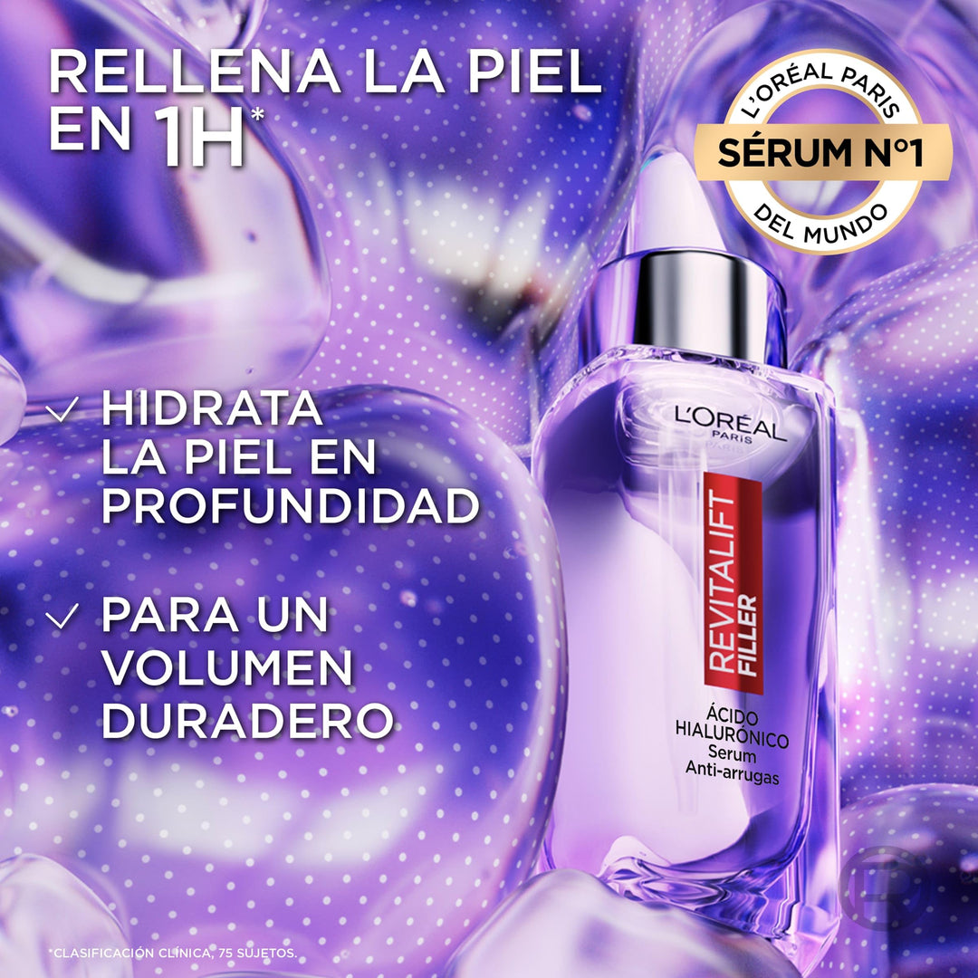 30 ml clear bottle of hyaluronic hydrating serum with pipette, lightweight texture