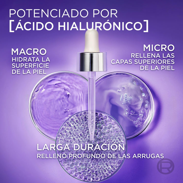 30 ml clear bottle of hyaluronic hydrating serum with pipette, lightweight texture