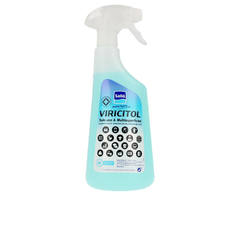 Sallo Light blue and white plastic spray bottle with nozzle and icon-labeled label, photographed simply