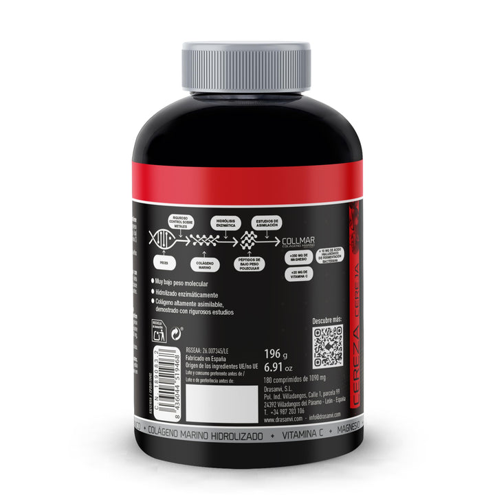 Drasanvi Black plastic supplement bottle with red vertical label, silver screw cap, colorful running figures graphic, red circular badge