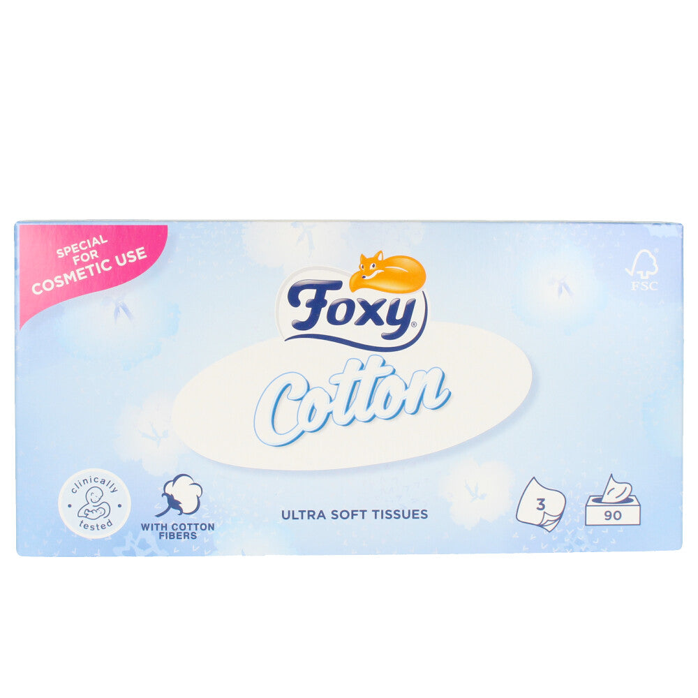 Foxy Light blue, white, and pink rectangular facial tissue box with cotton fiber icon