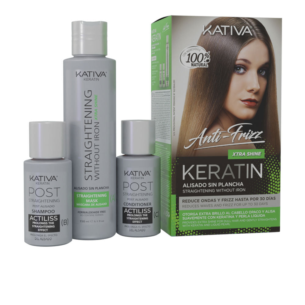Three‑piece keratin straightening kit with treatment bottles and instructions, Unisex