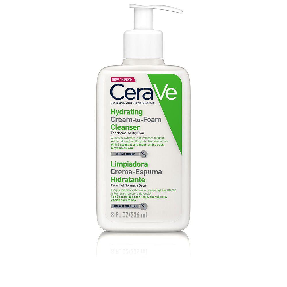 Cerave White and green plastic pump cleanser with bilingual label, modern clean design and compact profile