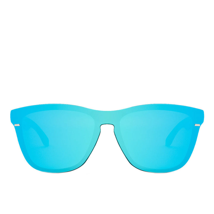 Glossy black hybrid frame sunglasses with chrome mirror mask lens, Unisex