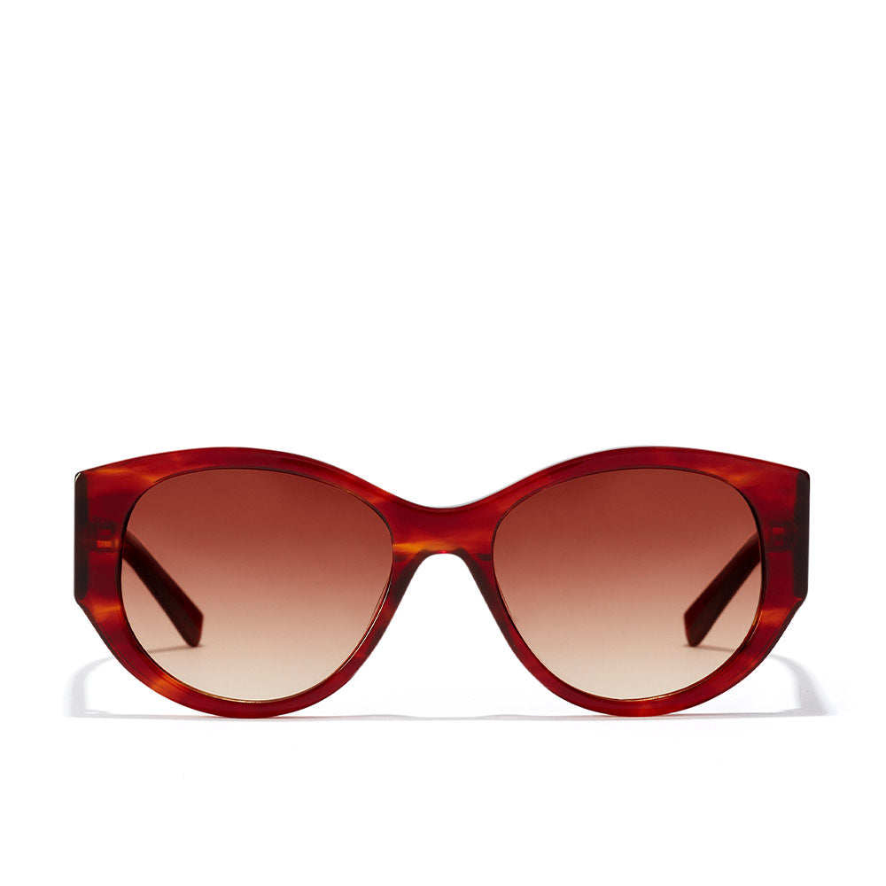 Unisex polished acetate sunglasses with clipped upper rims and triangular temples, brown Havana lenses