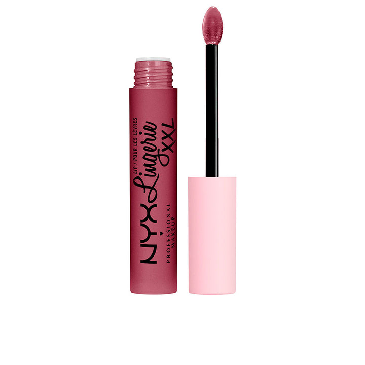 Tube of pink longwear liquid lipstick with doe-foot applicator, soft-matte finish
