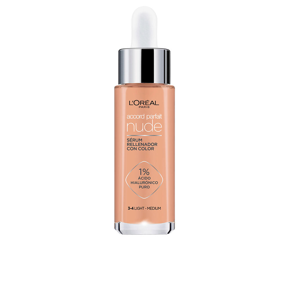 30 ml tinted hyaluronic serum in pump bottle, light luminous finish