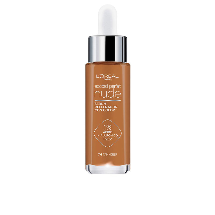 30 ml hyaluronic-tinted serum bottle, lightweight pump, sheer natural shade