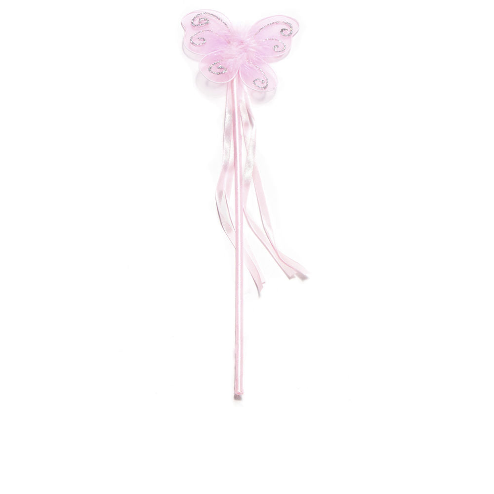 Pink ribbon-covered wand with translucent glitter butterfly and hanging ribbons