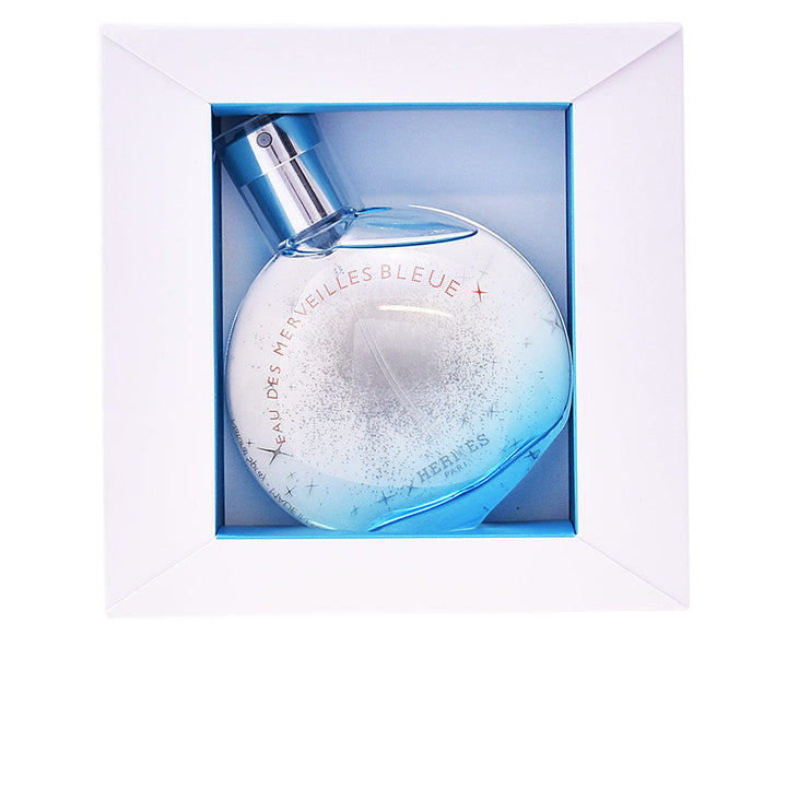 Faceted glass bottle of light-blue eau de toilette, 50 ml, marine amber scent