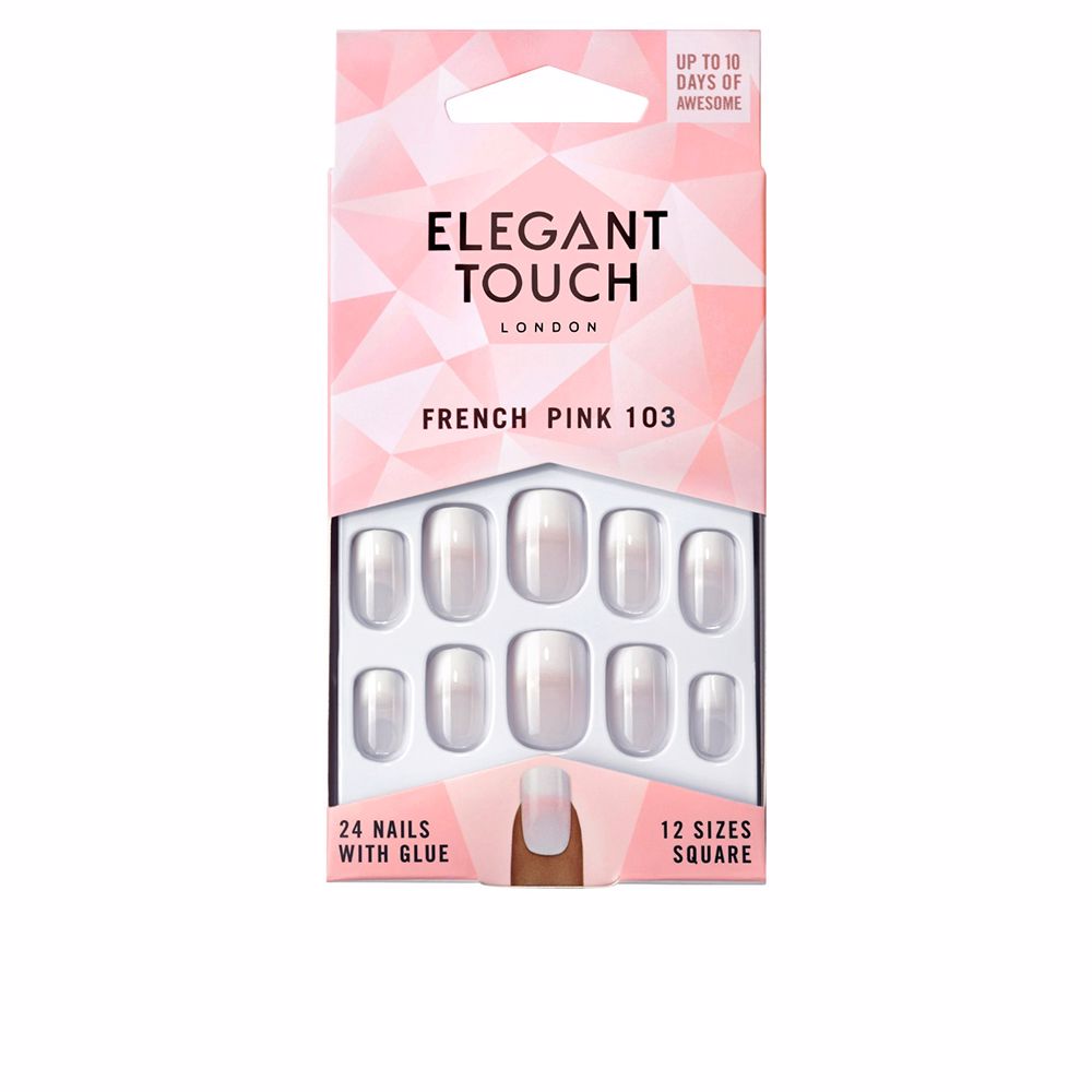 Set of 24 French pink square press-on nails in storage tray, unisex