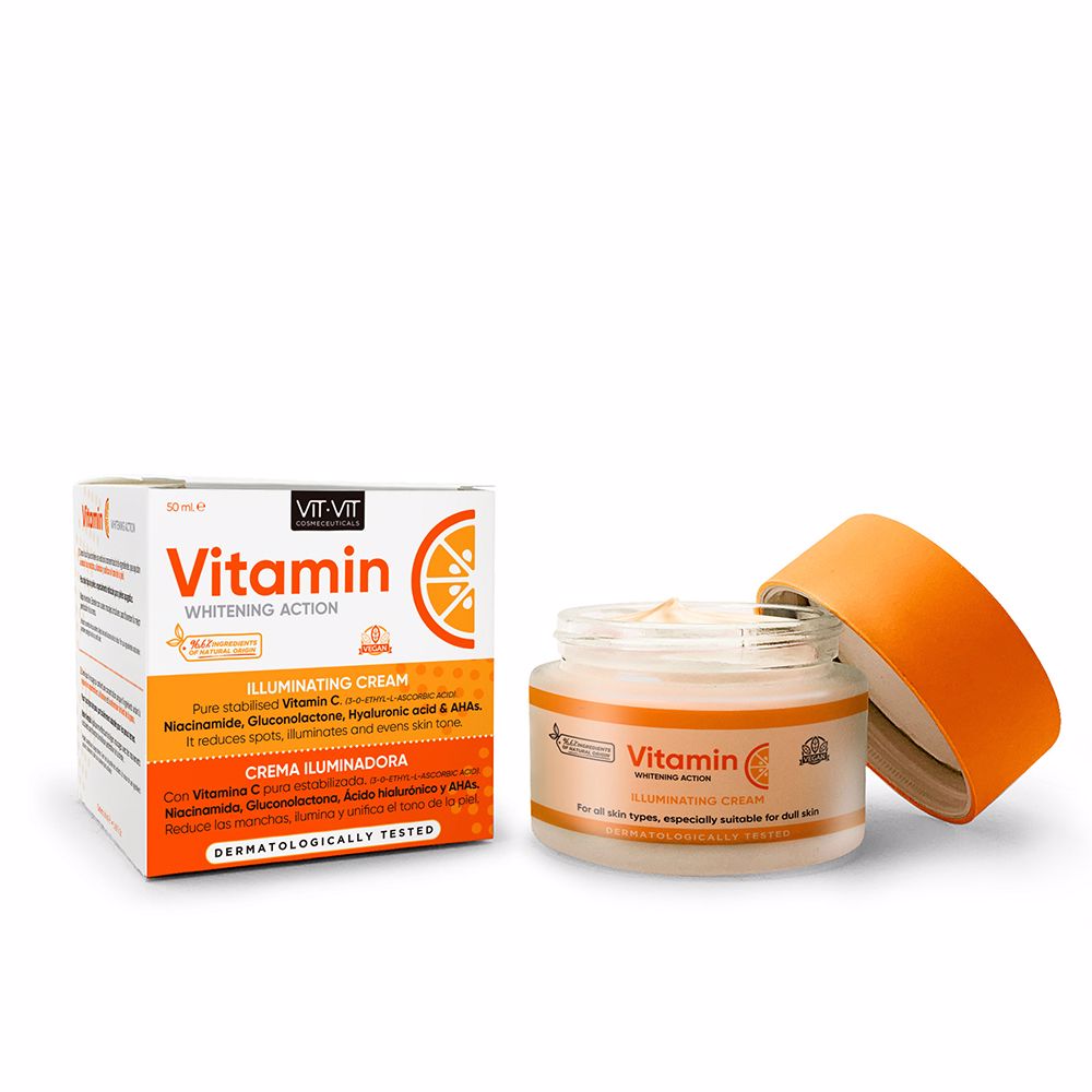 50 ml jar of vitamin C illuminating face cream, white jar with pale yellow cream