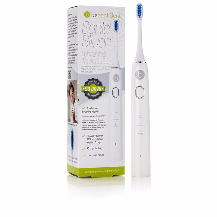 White and silver sonic toothbrush with slim head and matte grip, rechargeable