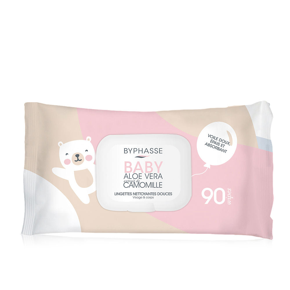 Pack of 90 aloe and chamomile baby cleansing wipes, white packaging, alcohol-free