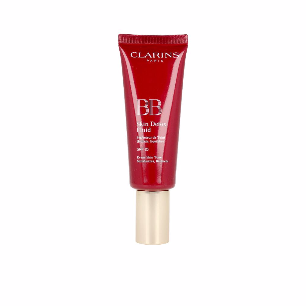 Red and beige minimalist plastic tube with screw cap showing tinted BB Cream — Clarins