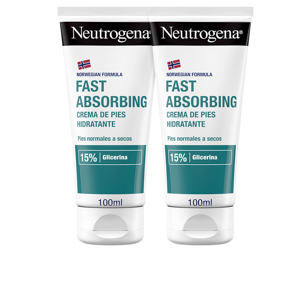 Two tubes of Neutrogena Norwegian formula fast-absorbing foot cream in clean packaging