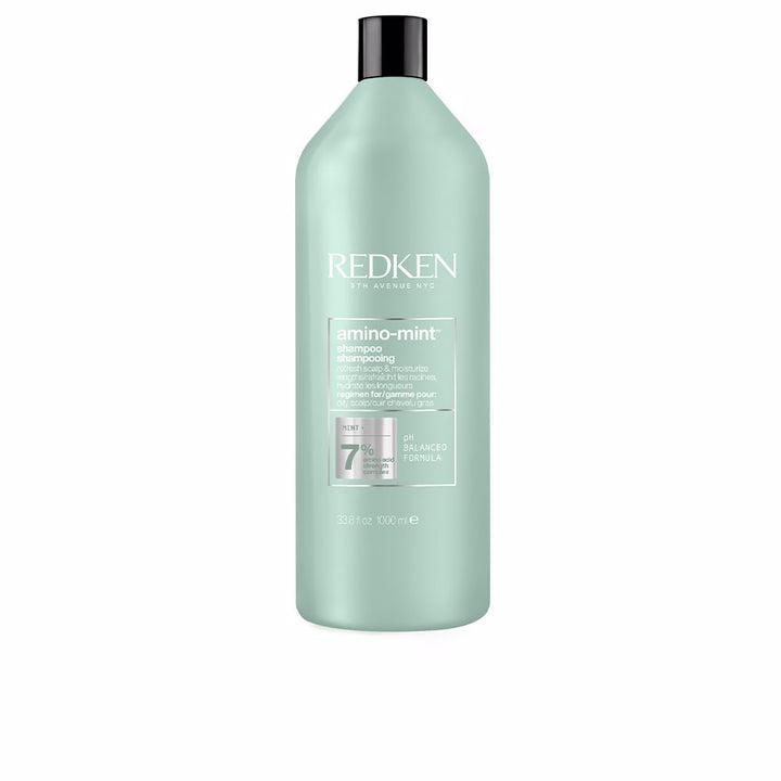 1 litre clear shampoo bottle labelled Amino Mint, for oily hair, Unisex