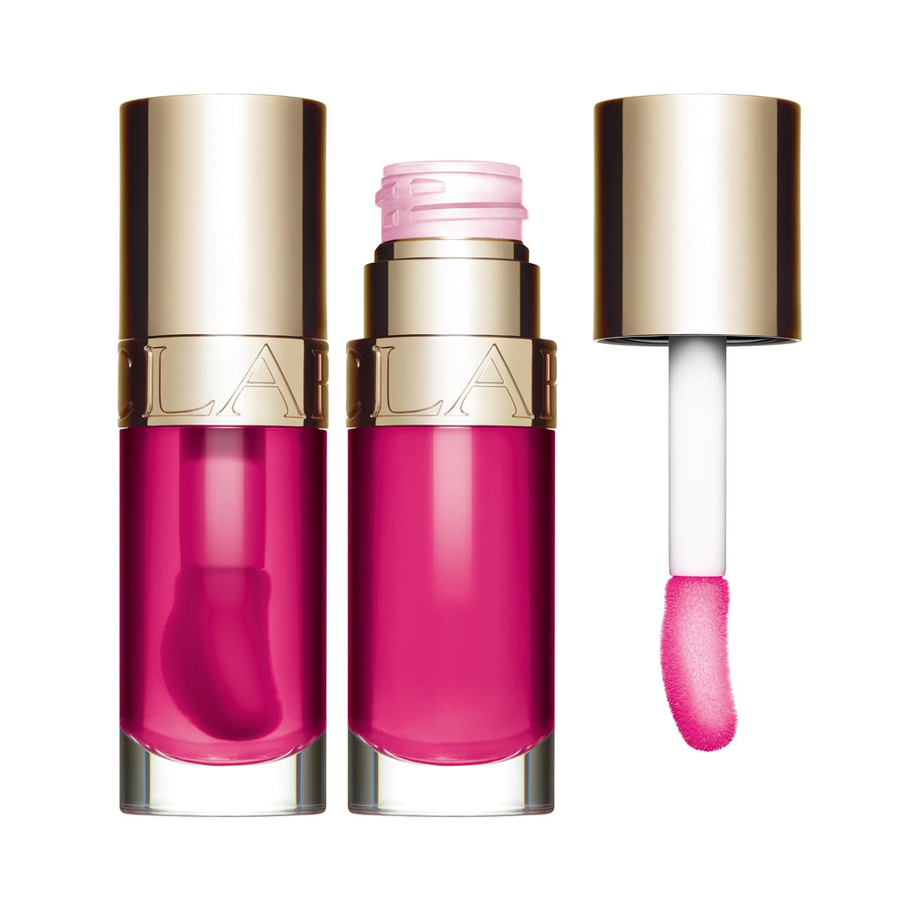 7 ml tinted lip oil in raspberry shade, glossy botanical oil finish