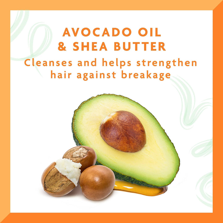 400 ml shampoo bottle labelled Avocado &amp; Shea, for dry curly hair, pump cap