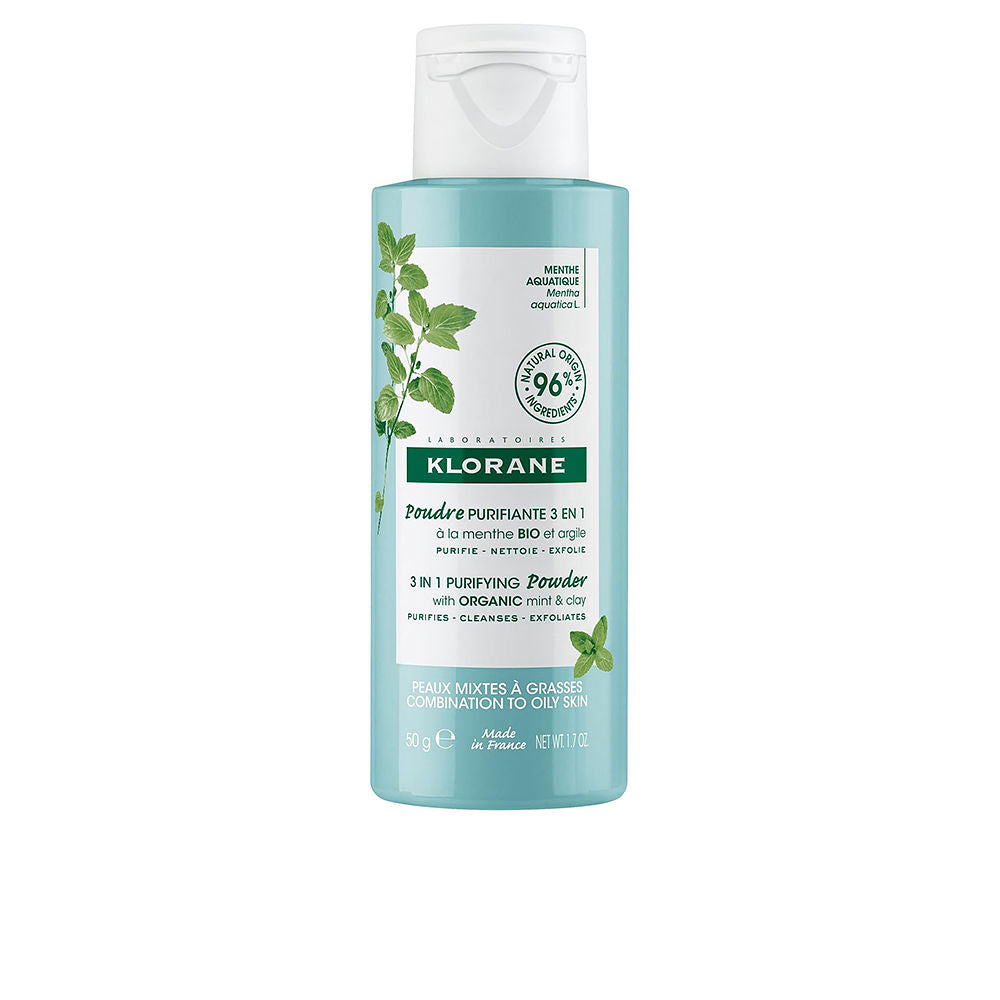 Small jar of fine purifying powder with mint leaf and clay beside it, 50 g