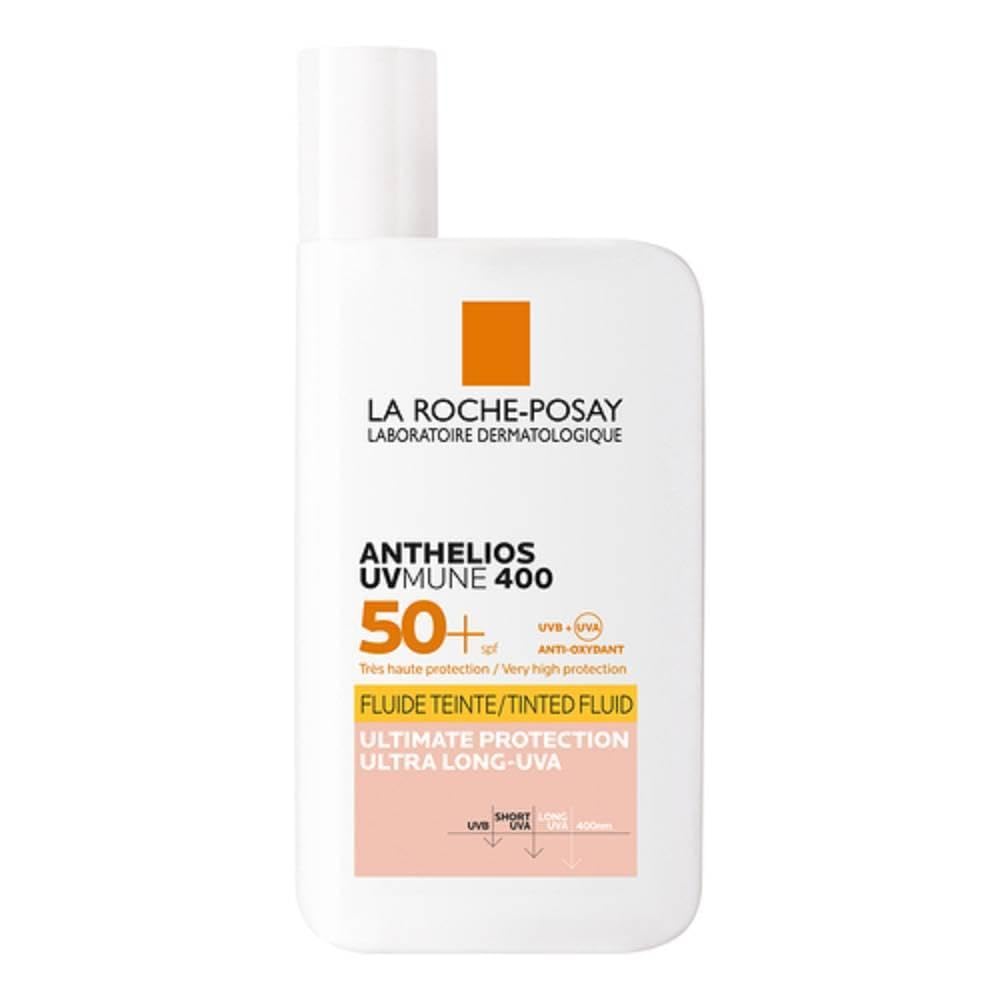 50 ml tinted fluid facial sunscreen tube, SPF 50+, lightweight finish