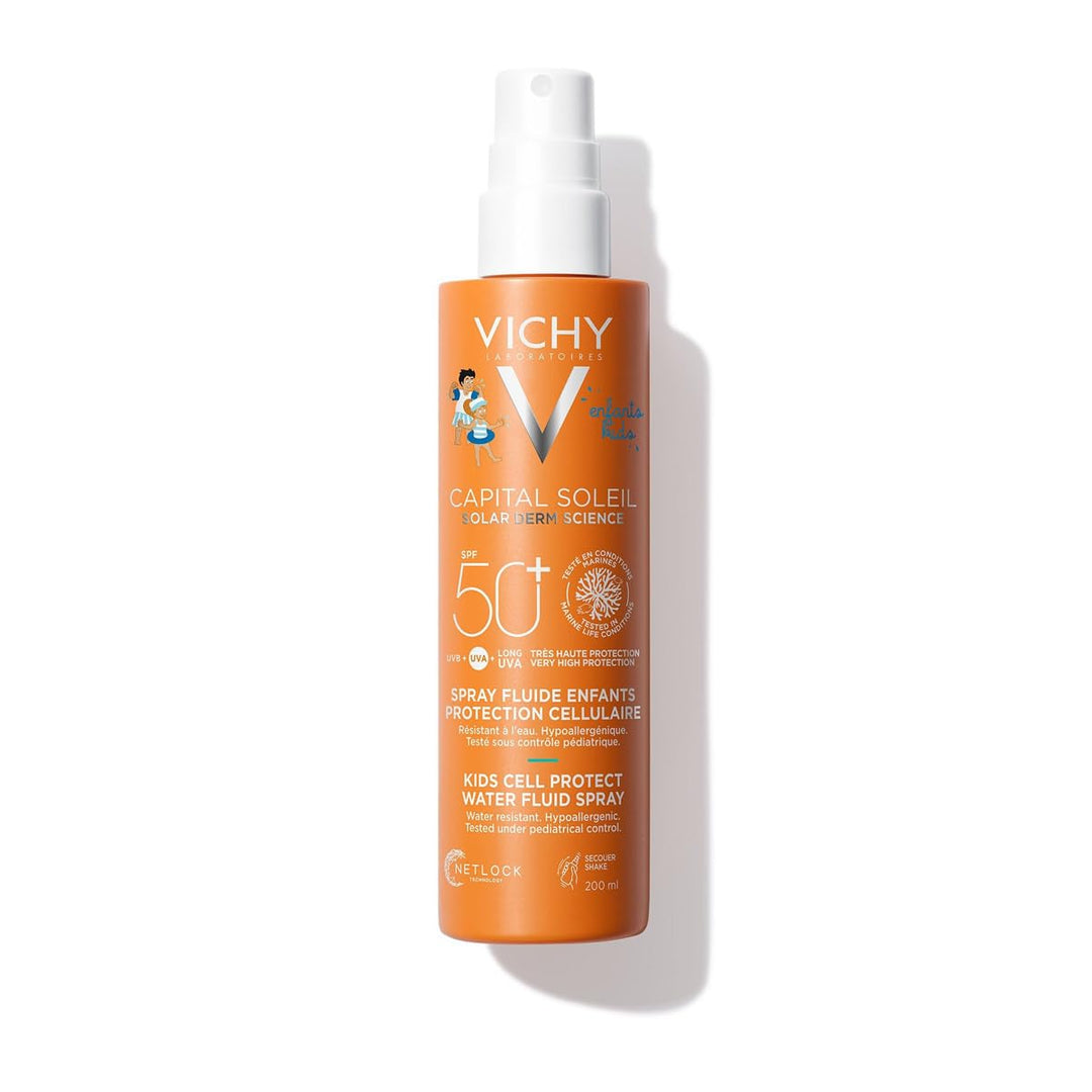 Vichy white and orange SPF50+ spray bottle for children&