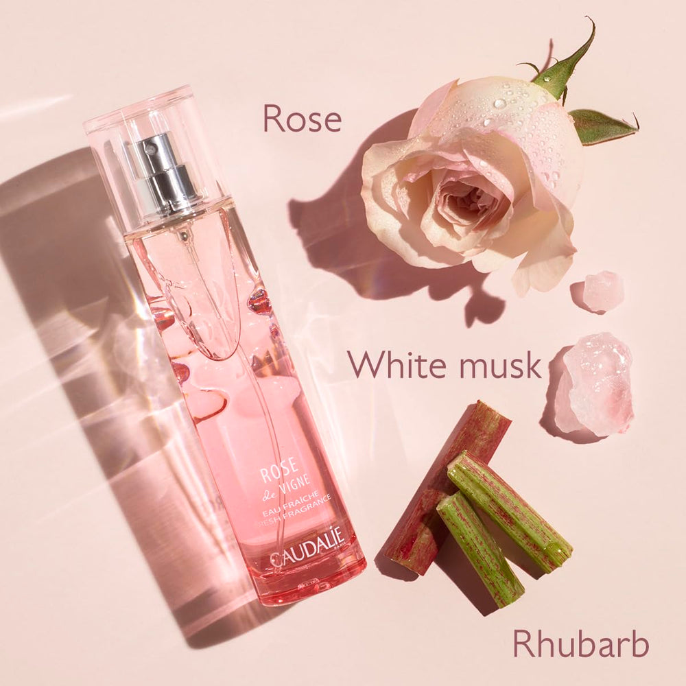 50 ml floral eau fraîche bottle, rose and rhubarb notes, spray