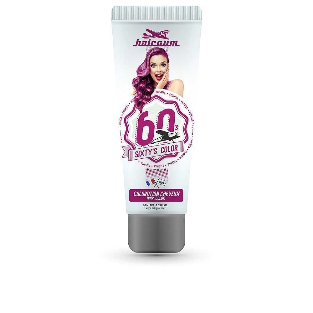 60 ml tube of semi‑permanent fuchsia hair colour, glossy swatch on dark hair