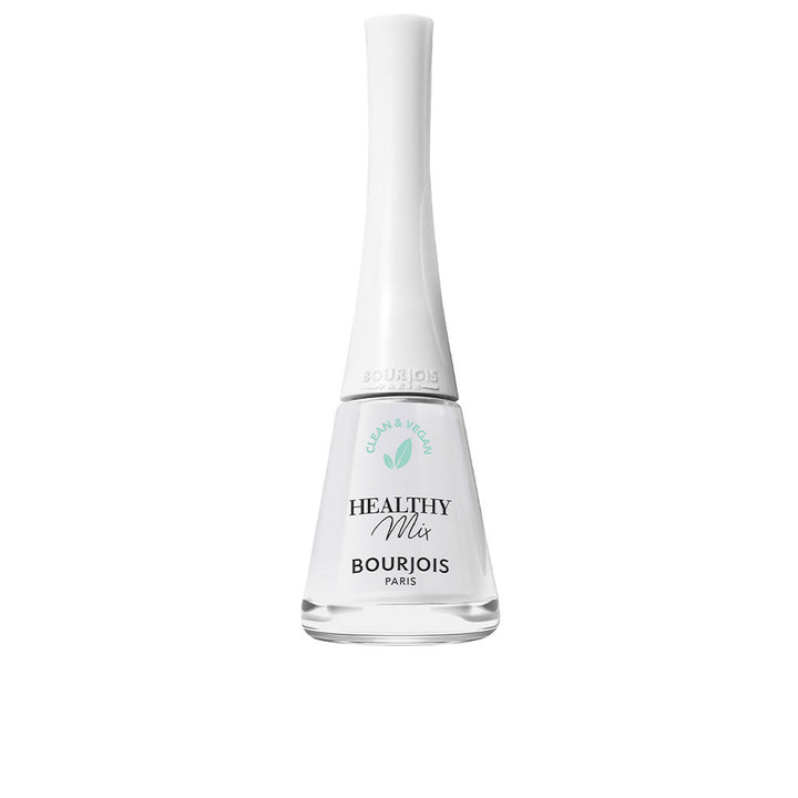 9 ml bottle of vegan quick-dry nail polish in pale white shade with recycled-cap