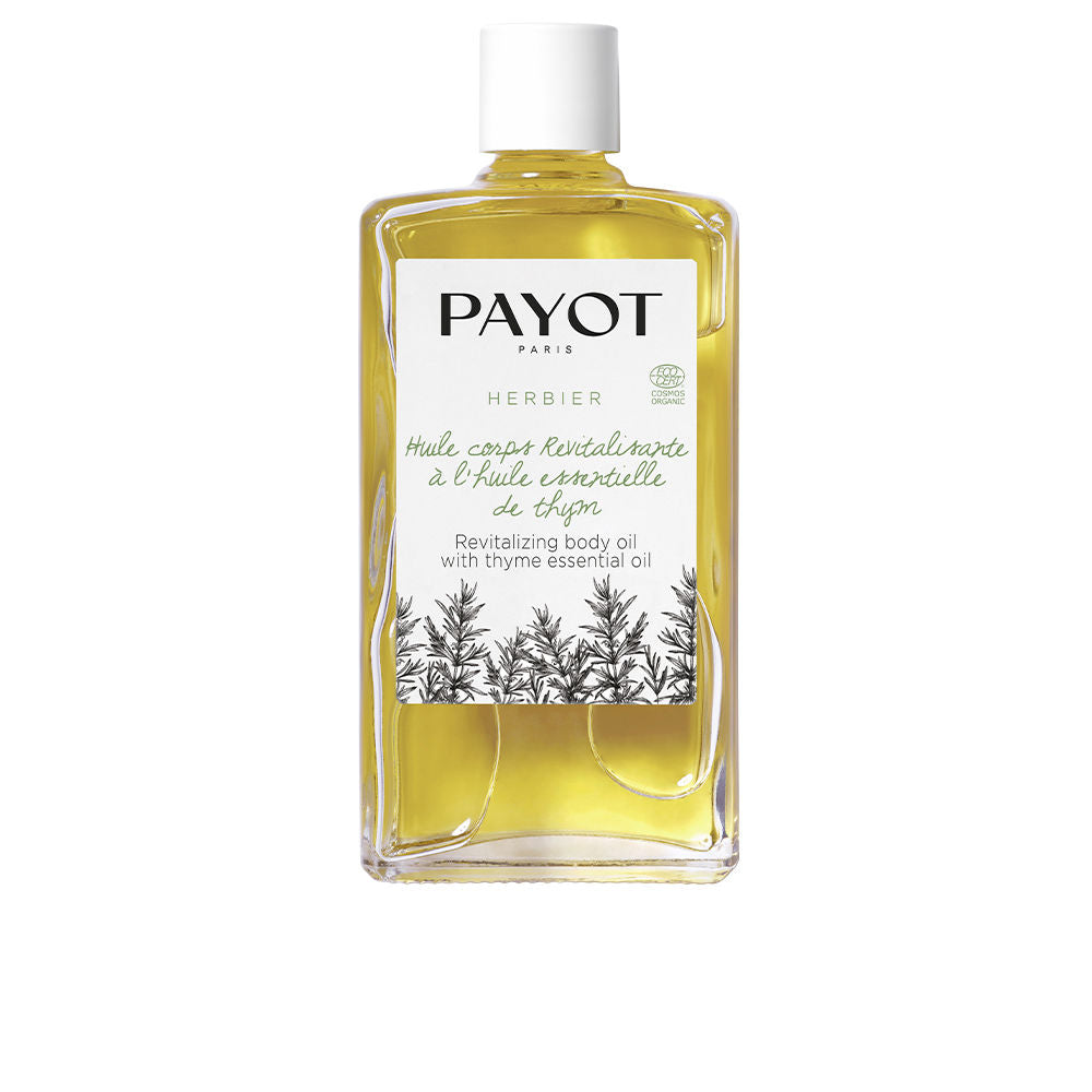 Glass bottle of thyme-scented body oil with seeds and thyme sprig, 100 ml