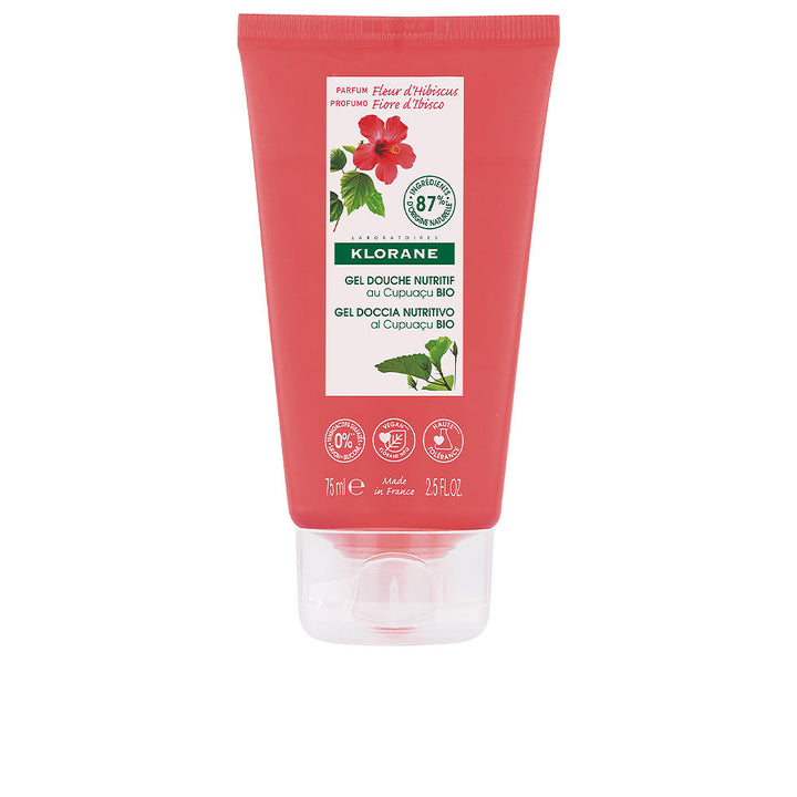 75 ml tube of hibiscus-scented biodegradable shower gel, gel texture visible