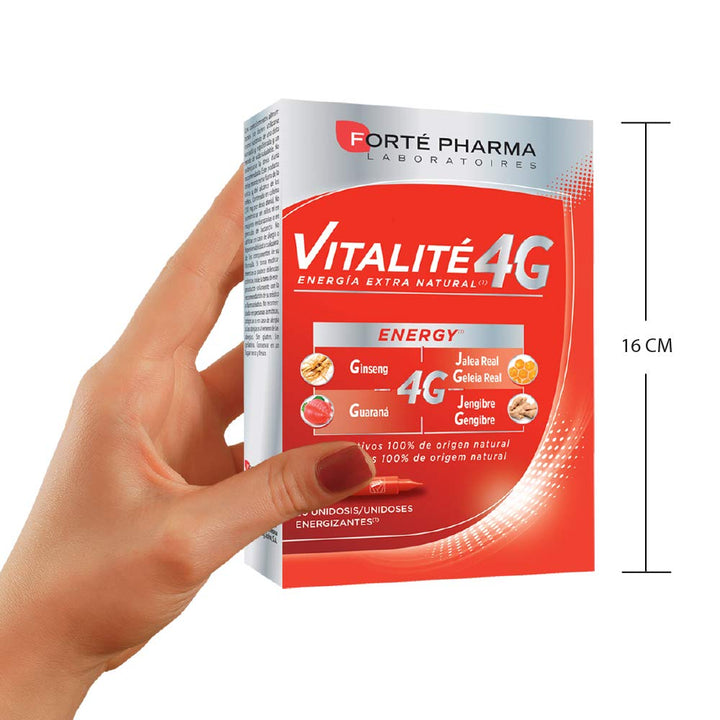 Box of 20 single‑dose herbal energy vials with botanical ingredients listed