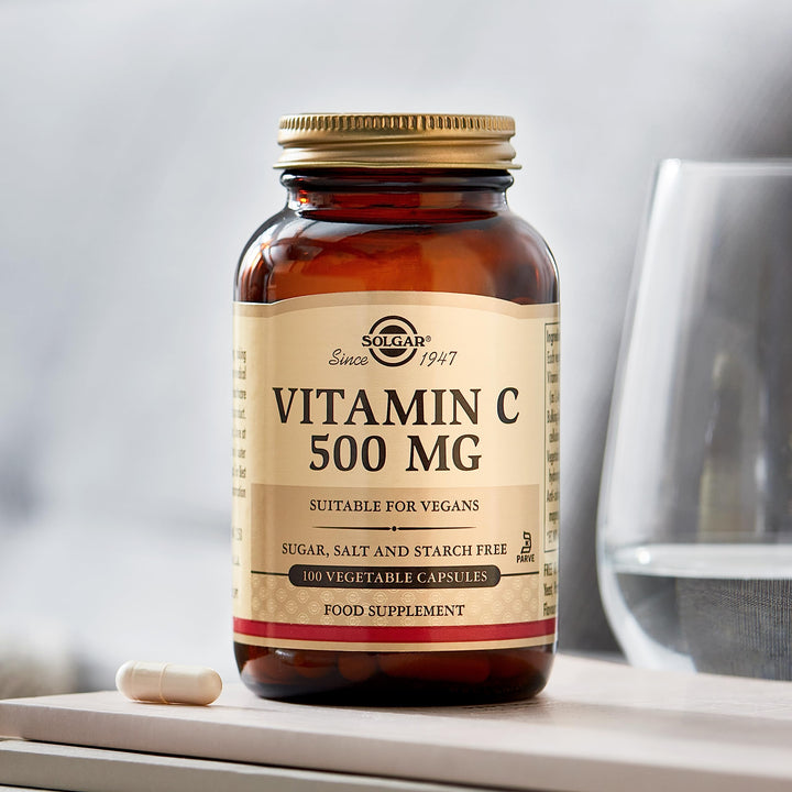 Bottle of 100 vegetable vitamin C capsules, 500 mg per capsule, vegan, Unisex