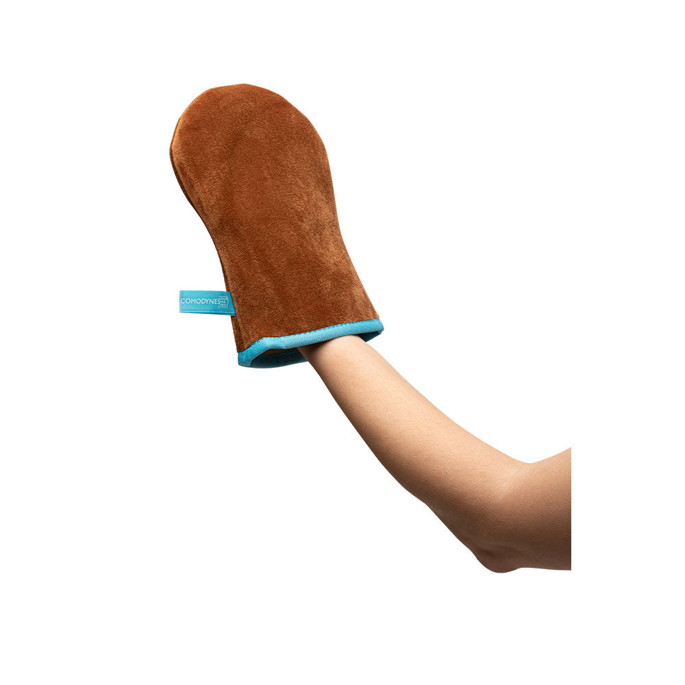 Comodynes Soft fabric oven-mitt in brown with blue edge trim, mitt shape and fabric tag visible