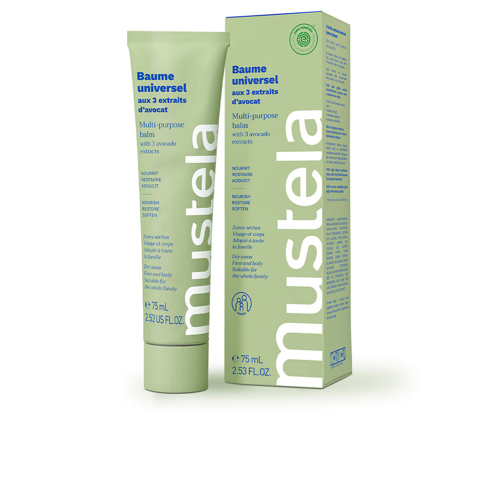 Small tin of pale balm labeled Mustela, shown with avocado and clean beige background