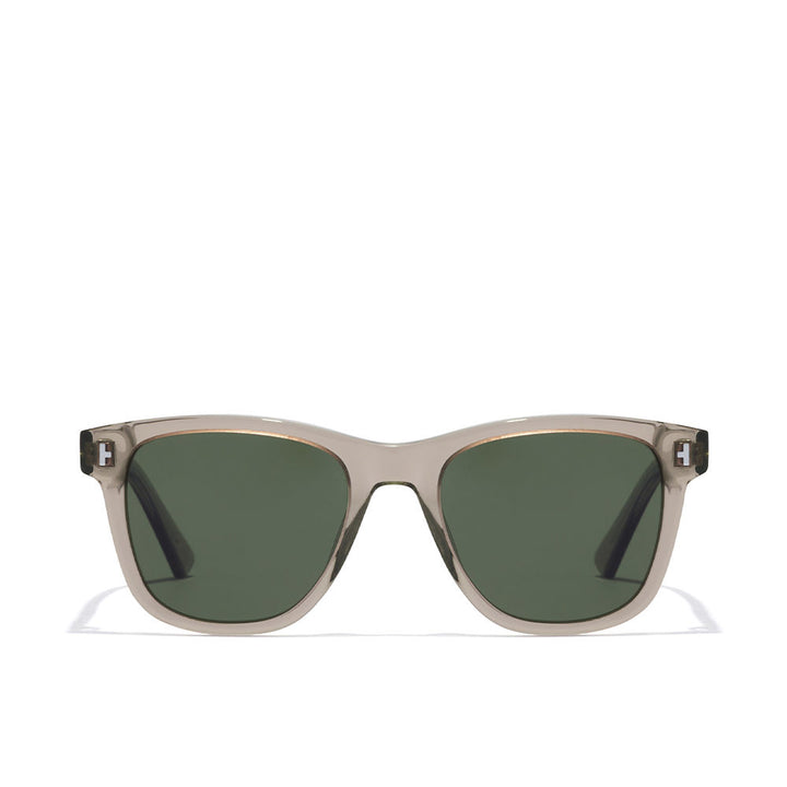 Translucent beige square sunglasses with green polarised lenses, ECO acetate frame