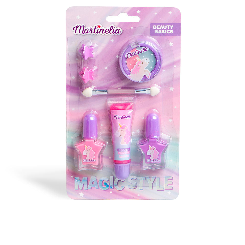 Six-piece children’s unicorn-themed makeup set with nail polish, lip gloss, eye palette, clips and applicator