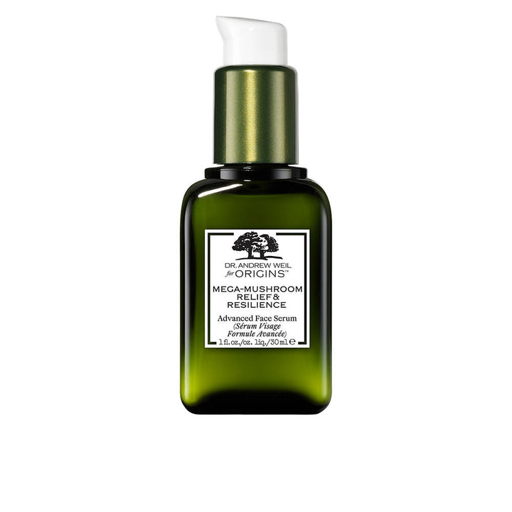 Glass dropper bottle of calming mushroom face serum, 30 ml, botanical oil blend