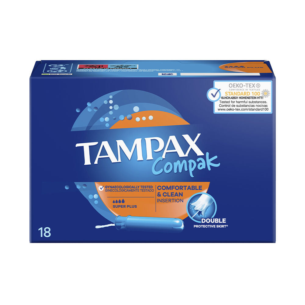 Box of 18 compact Super Plus tampons with applicators for heavy flow