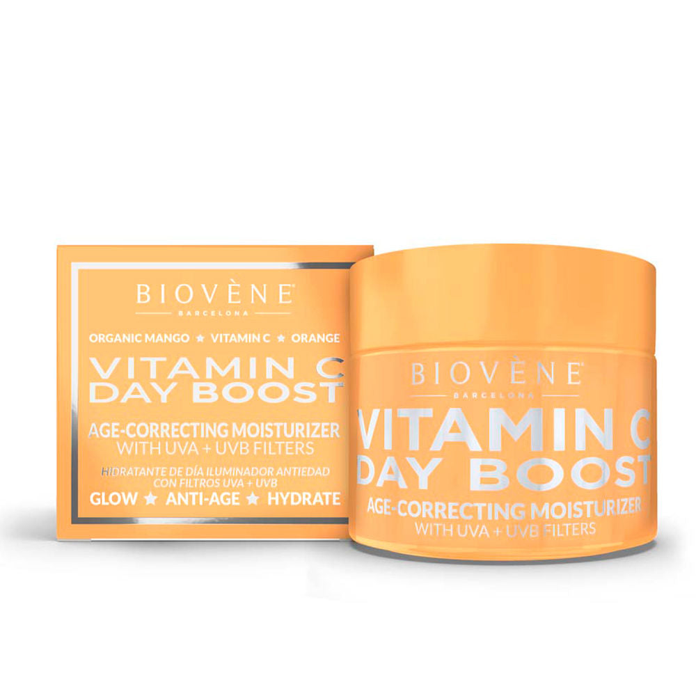 50 ml jar of lightweight vitamin C day cream with mango and SPF, neutral pump packaging