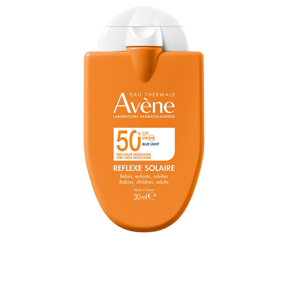 Small tube of Avène Solar Reflex SPF50+ baby sunscreen cream on white background