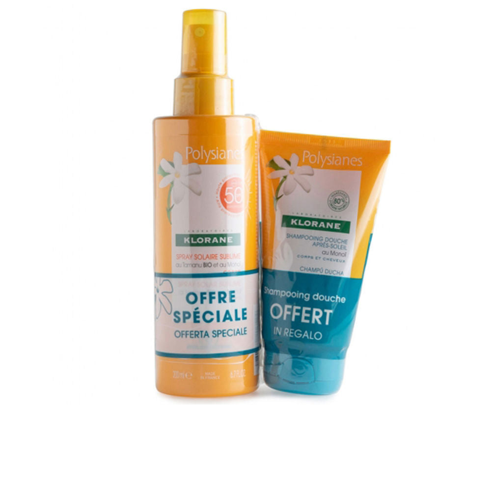 Klorane Sunscreen spray and tube in orange, white and blue plastic with floral design and text blocks