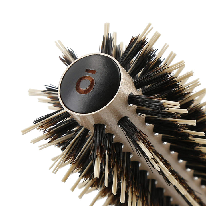 Wooden round hair brush with ceramic barrel and mixed boar‑nylon bristles