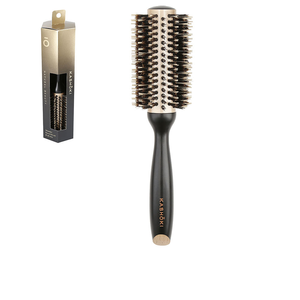 28 mm wooden round thermal brush with boar and nylon bristles, ceramic barrel
