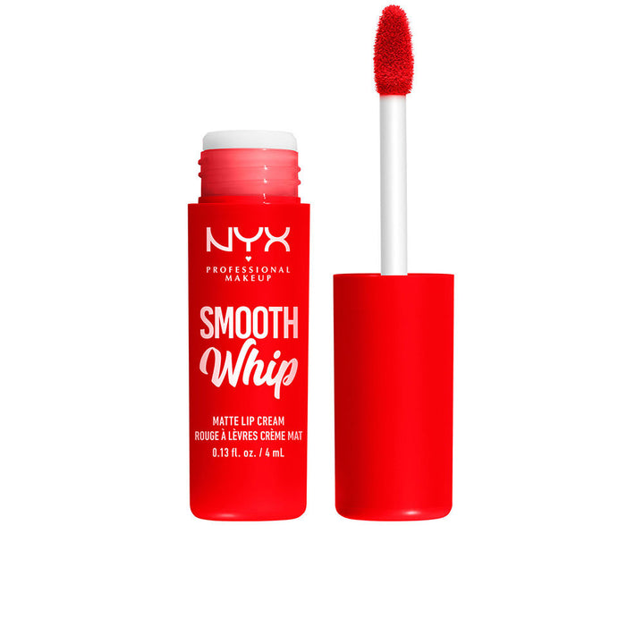 Red liquid lip cream in slender tube with doe-foot applicator, 4 ml